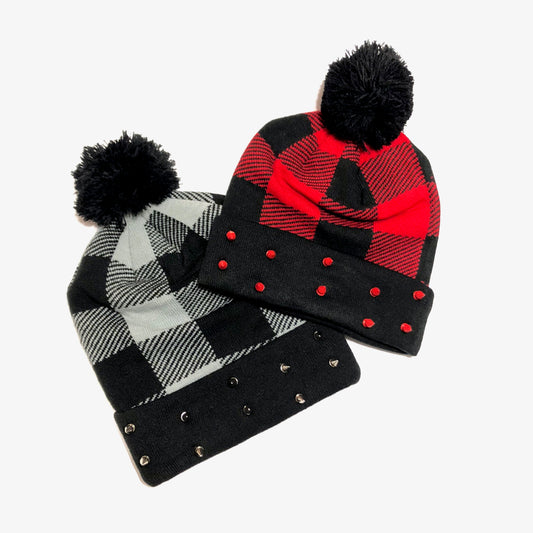 Plaid Pom Spiked Beanies